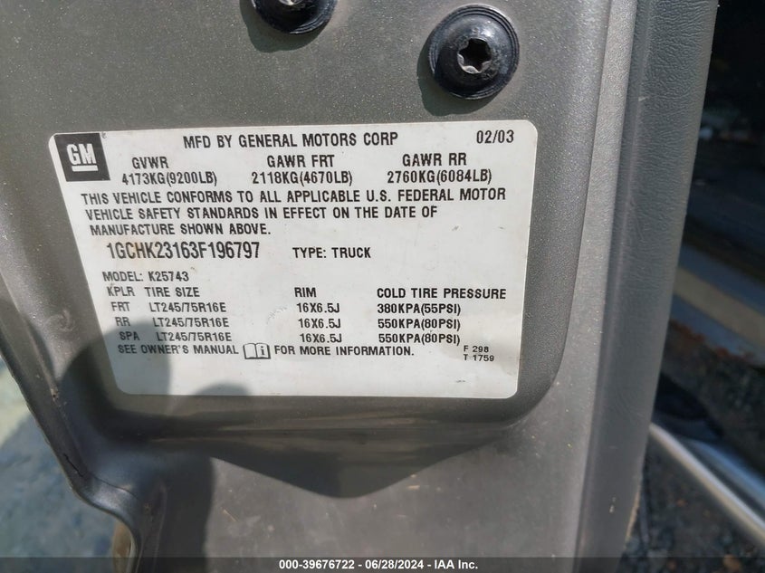 2003 Chevrolet Silverado 2500Hd Lt VIN: 1GCHK23163F196797 Lot: 39676722