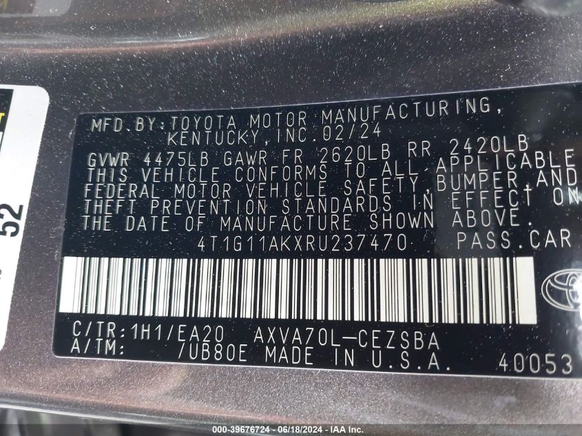 4T1G11AKXRU237470 2024 Toyota Camry Se