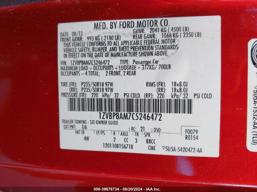 2012 Ford Mustang V6 Premium VIN: 1ZVBP8AM7C5246472 Lot: 39676734