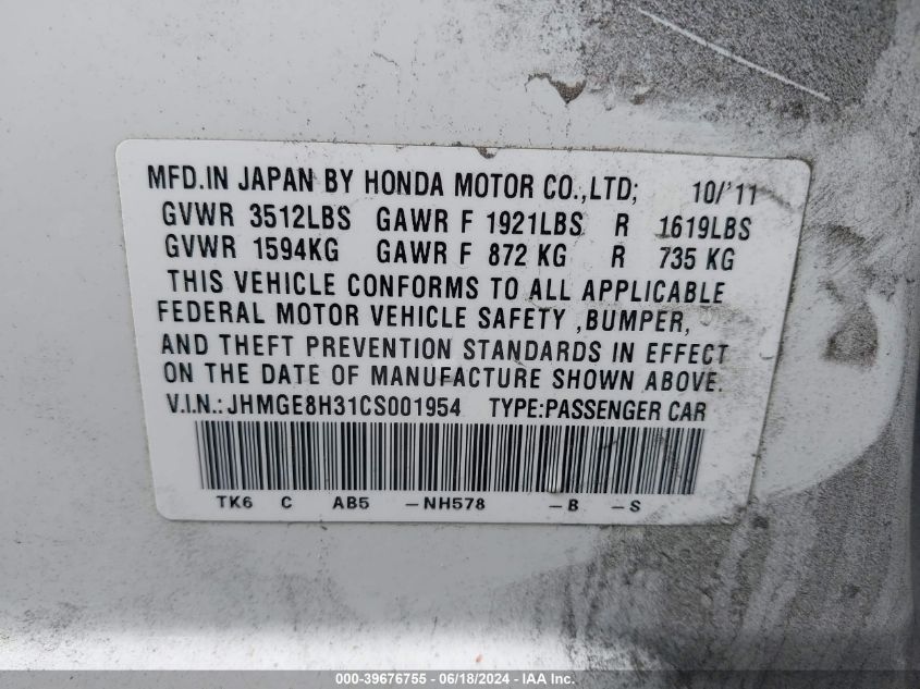 2012 Honda Fit VIN: JHMGE8H31CS001954 Lot: 39676755