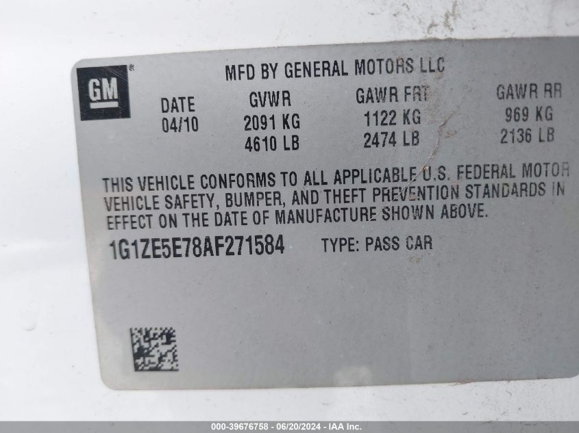 2010 Chevrolet Malibu Ltz VIN: 1G1ZE5E78AF271584 Lot: 39676758