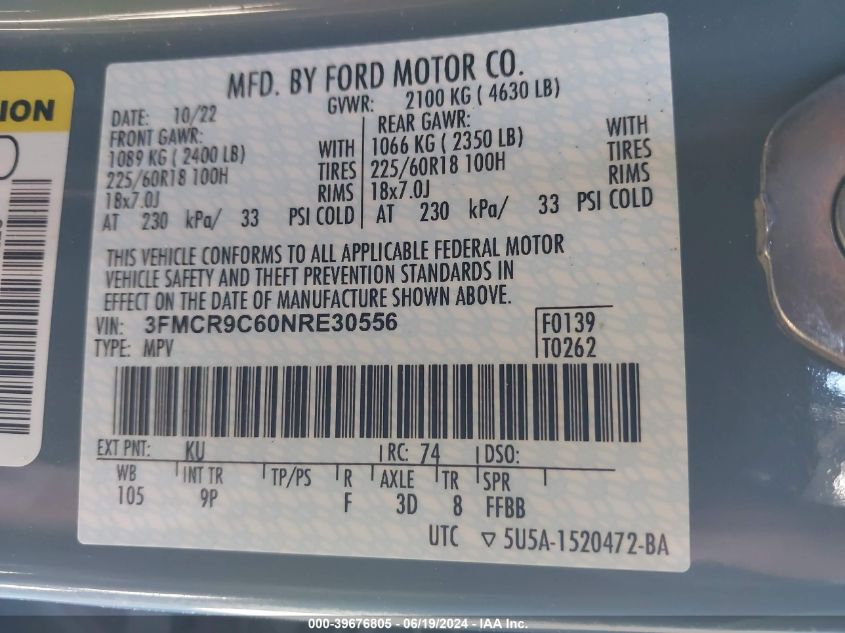 2022 Ford Bronco Sport Outer Banks VIN: 3FMCR9C60NRE30556 Lot: 39676805