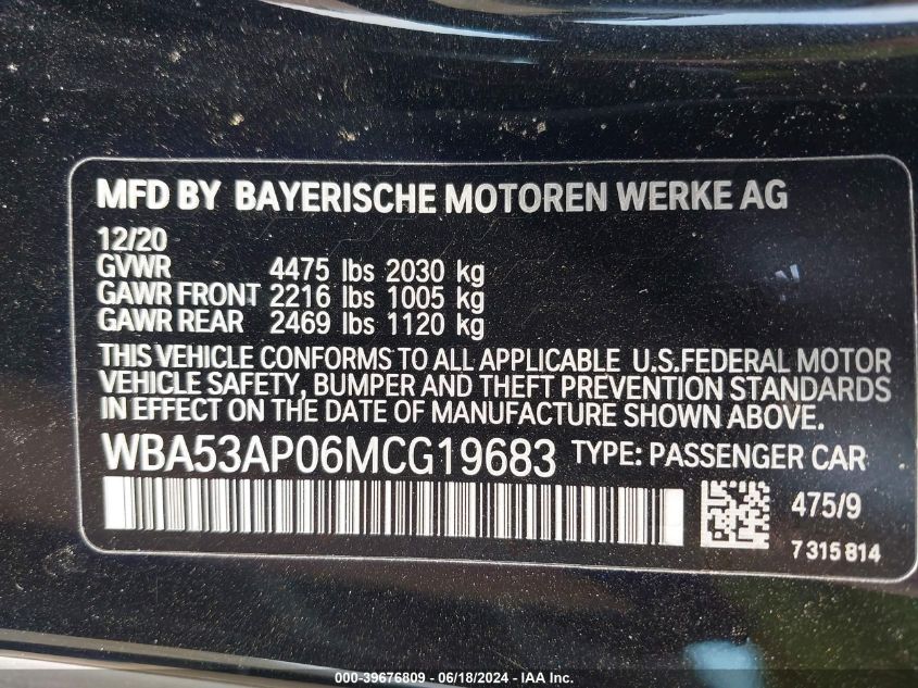 2021 BMW 430I VIN: WBA53AP06MCG19683 Lot: 39676809