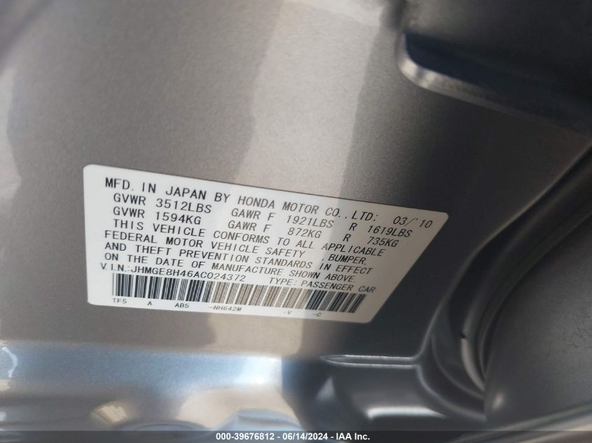 2010 Honda Fit Sport VIN: JHMGE8H46AC024372 Lot: 39676812