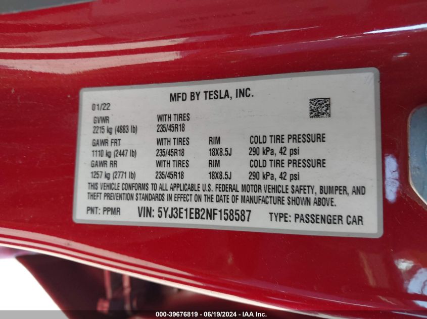 2022 Tesla Model 3 Long Range Dual Motor All-Wheel Drive VIN: 5YJ3E1EB2NF158587 Lot: 39676819