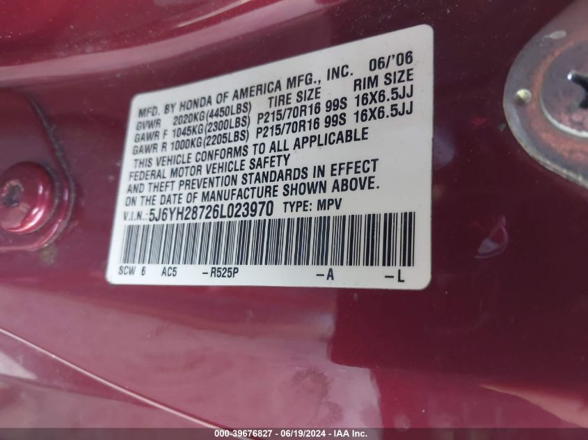 2006 Honda Element Ex VIN: 5J6YH28726L023970 Lot: 39676827