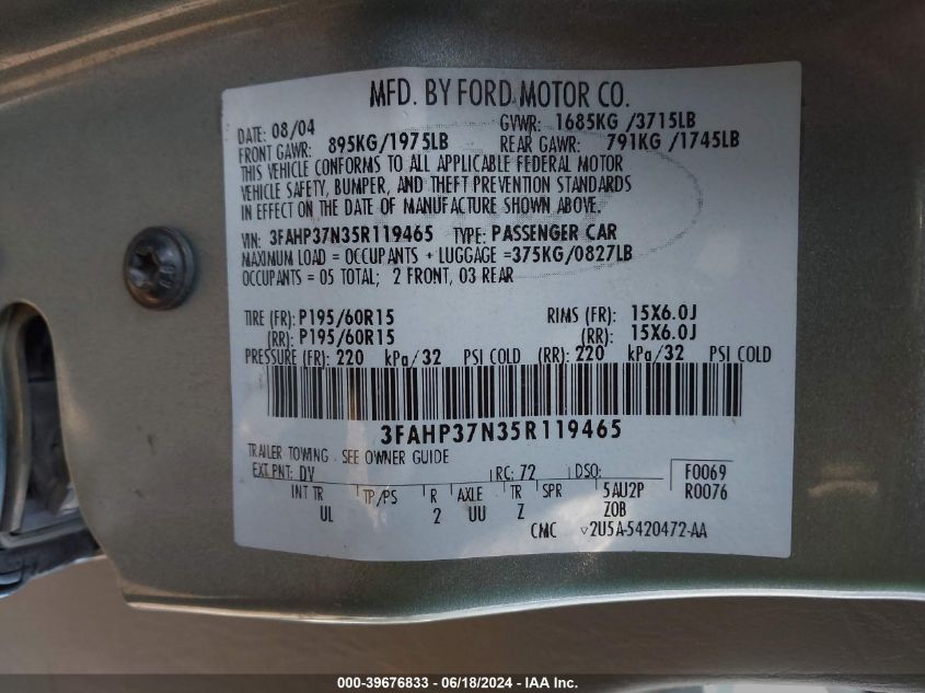 2005 Ford Focus Zx5 VIN: 3FAHP37N35R119465 Lot: 39676833