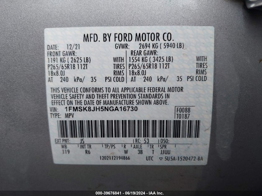 2022 Ford Explorer Timberline VIN: 1FMSK8JH5NGA16730 Lot: 39676841