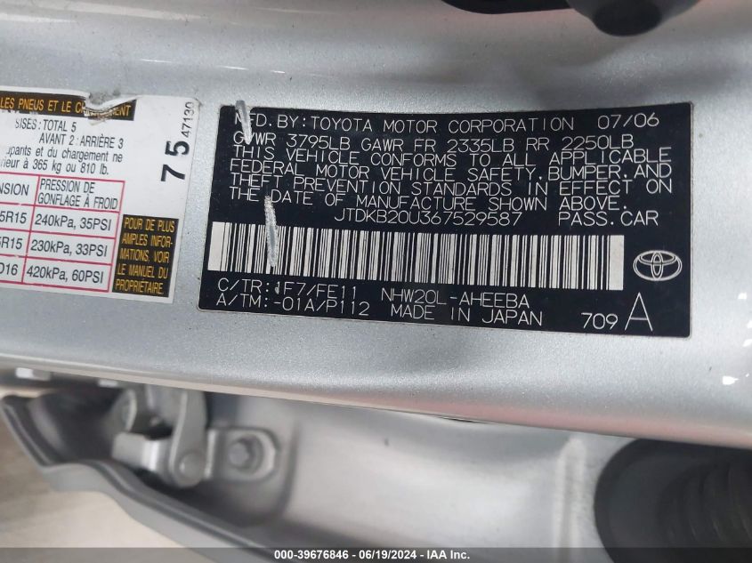 2006 Toyota Prius VIN: JTDKB20U367529587 Lot: 39676846