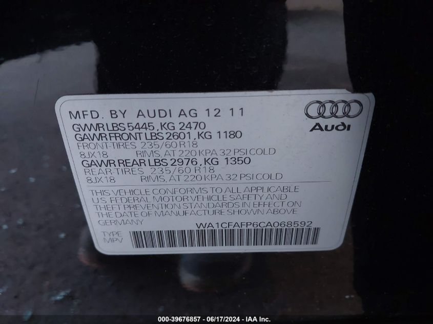 2012 Audi Q5 2.0T Premium VIN: WA1CFAFP6CA068592 Lot: 39676857