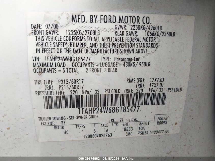 2008 Ford Taurus Sel VIN: 1FAHP24W68G185477 Lot: 39676862