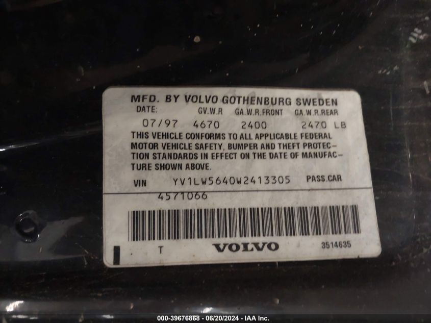 1998 Volvo V70 Glt VIN: YV1LW5640W2413305 Lot: 39676868