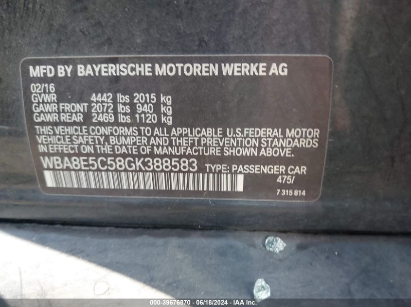 2016 BMW 328D VIN: WBA8E5C58GK388583 Lot: 39676870