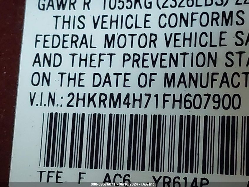 2015 Honda Cr-V Ex-L VIN: 2HKRM4H71FH607900 Lot: 39676871