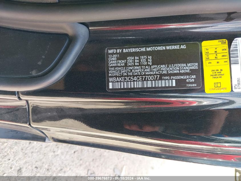 2012 BMW 328I VIN: WBAKE3C54CE770077 Lot: 39676873