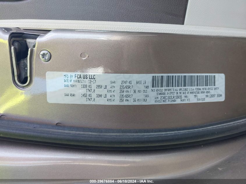 2018 Chrysler Pacifica Touring L VIN: 2C4RC1BG3JR159035 Lot: 39676884