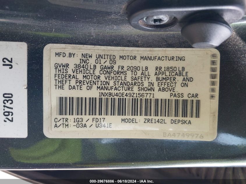 2009 Toyota Corolla S VIN: 1NXBU40E49Z156771 Lot: 39676886