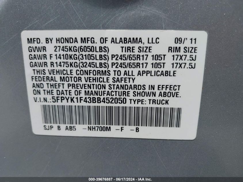 2011 Honda Ridgeline Rts VIN: 5FPYK1F43BB452050 Lot: 39676887