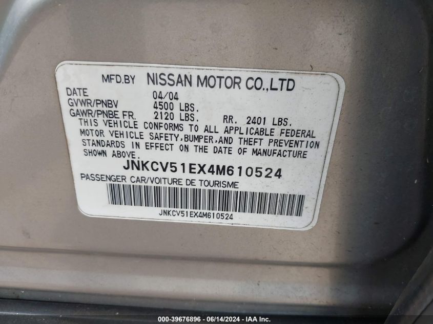 2004 Infiniti G35 VIN: JNKCV51EX4M610524 Lot: 39676896