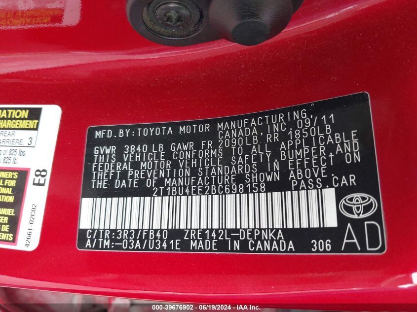 2011 Toyota Corolla Le VIN: 2T1BU4EE2BC698158 Lot: 39676902