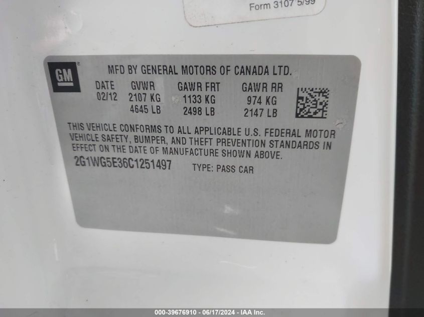2012 Chevrolet Impala Lt VIN: 2G1WG5E36C1251497 Lot: 39676910
