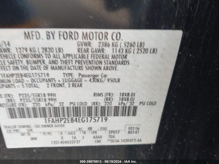 2014 Ford Taurus Sel VIN: 1FAHP2E84EG175719 Lot: 39676913