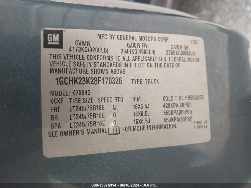 2008 Chevrolet Silverado 2500Hd Lt1 VIN: 1GCHK23K28F170326 Lot: 39676914