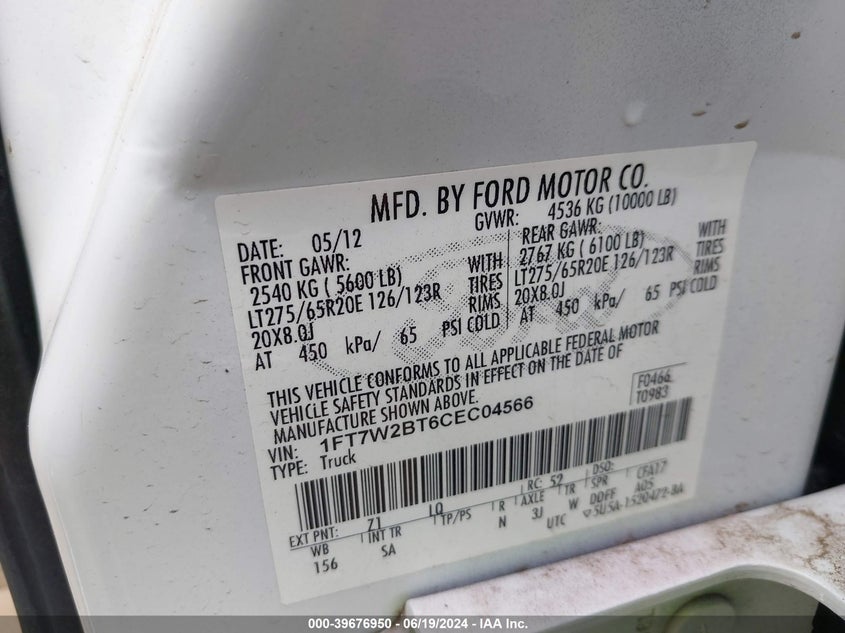 2012 Ford F250 Super Duty VIN: 1FT7W2BT6CEC04566 Lot: 39676950