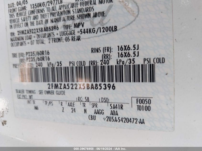 2005 Ford Freestar Sel VIN: 2FMZA522X5BA85396 Lot: 39676958