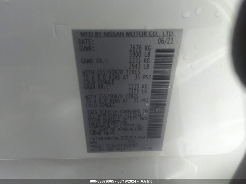 2022 Nissan Pathfinder Platinum 2Wd VIN: 5N1DR3DH7NC203199 Lot: 39676965