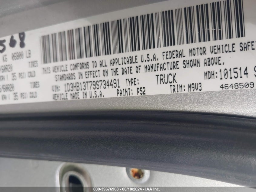 2009 Dodge Ram 1500 Slt/Sport/Trx VIN: 1D3HB13T79S734491 Lot: 39676968