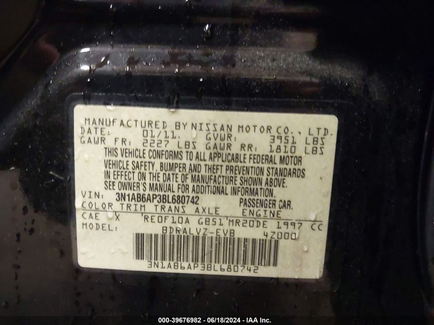 2011 Nissan Sentra 2.0Sl VIN: 3N1AB6AP3BL680742 Lot: 39676982