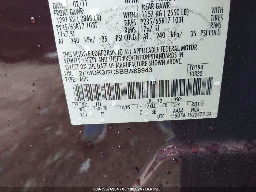 2011 Ford Edge Se VIN: 2FMDK3GC5BBA88943 Lot: 39676984