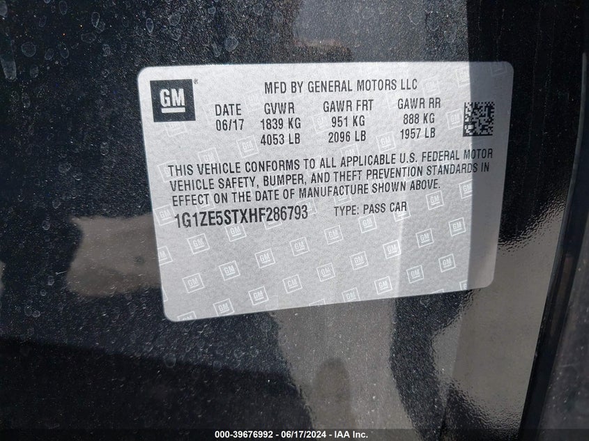 2017 Chevrolet Malibu 1Lt VIN: 1G1ZE5STXHF286793 Lot: 39676992