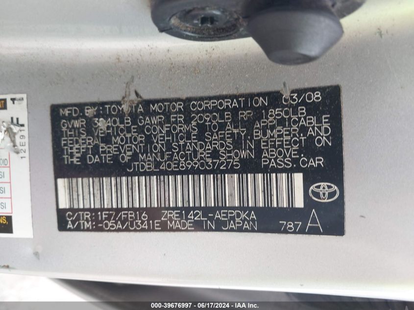 2009 Toyota Corolla Le VIN: JTDBL40E899037275 Lot: 39676997