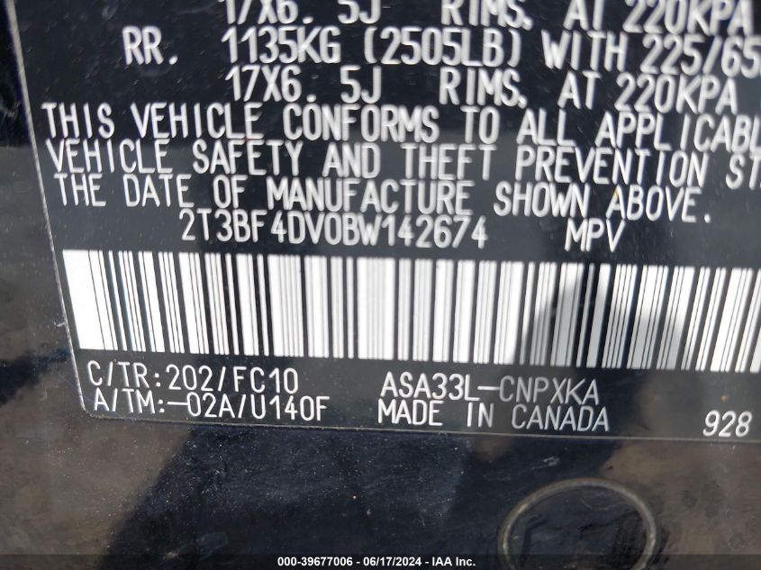 2011 Toyota Rav4 VIN: 2T3BF4DV0BW142674 Lot: 39677006