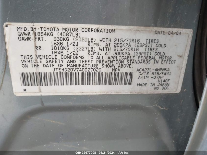 2004 Toyota Rav4 VIN: JTEHD20V740027020 Lot: 39677008