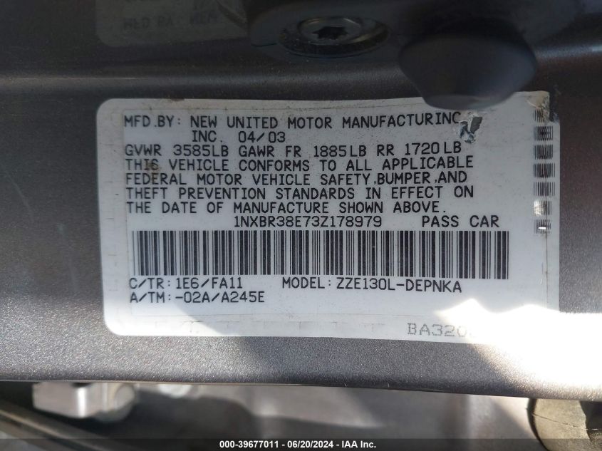 2003 Toyota Corolla Le VIN: 1NXBR38E73Z178979 Lot: 39677011