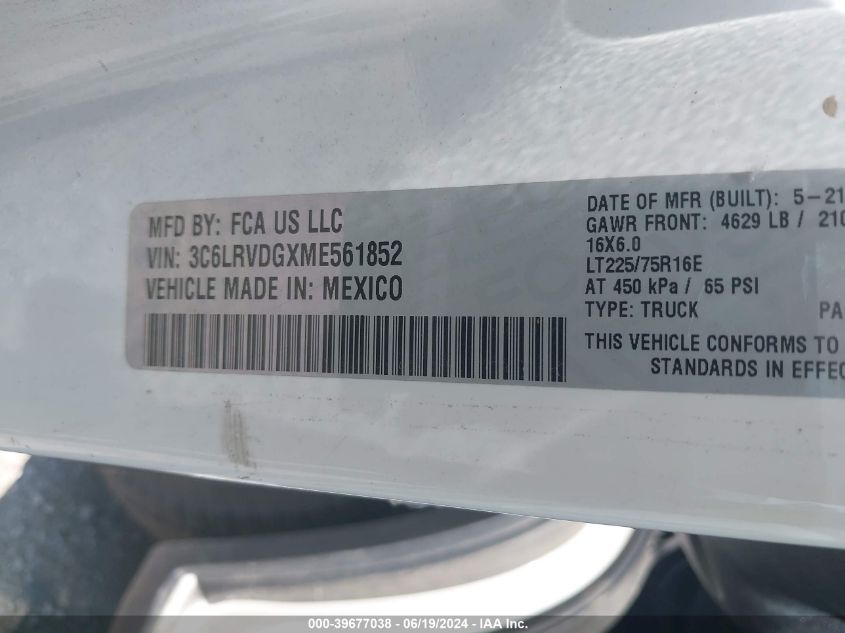 2021 Ram Promaster 2500 High Roof 159 Wb VIN: 3C6LRVDGXME561852 Lot: 39677038