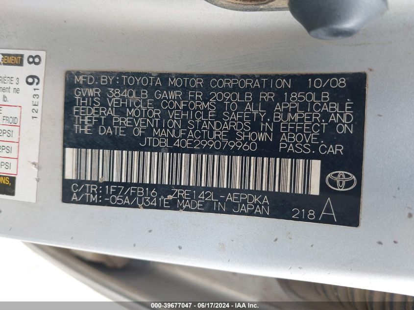 2009 Toyota Corolla Le VIN: JTDBL40E299079960 Lot: 39677047