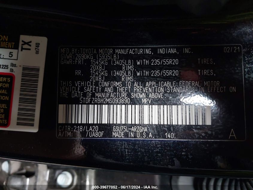 2021 Toyota Highlander Platinum VIN: 5TDFZRBH2MS093890 Lot: 39677052