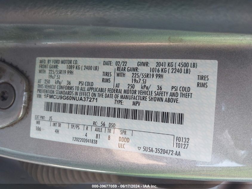 2022 Ford Escape Se VIN: 1FMCU9G60NUA37271 Lot: 39677059