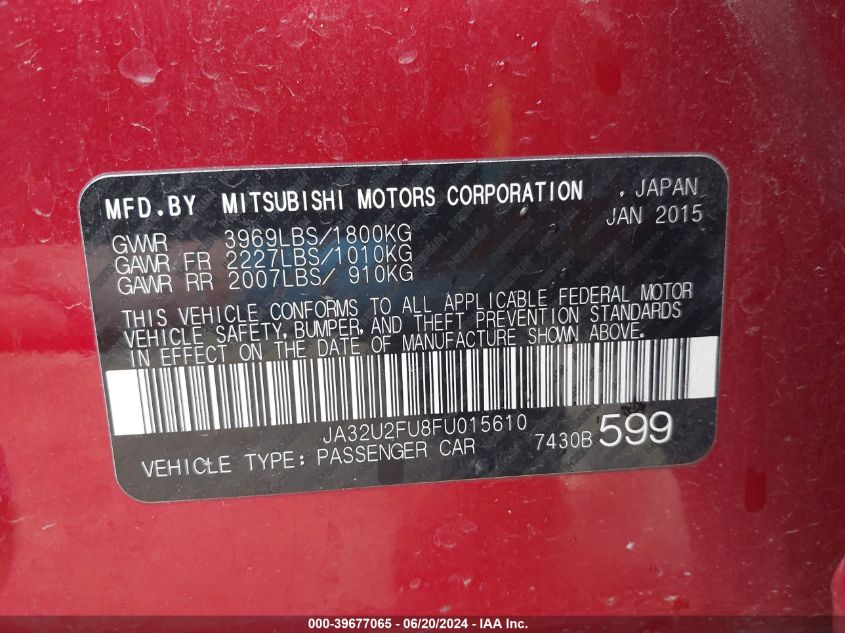 2015 Mitsubishi Lancer Es VIN: JA32U2FU8FU015610 Lot: 39677065