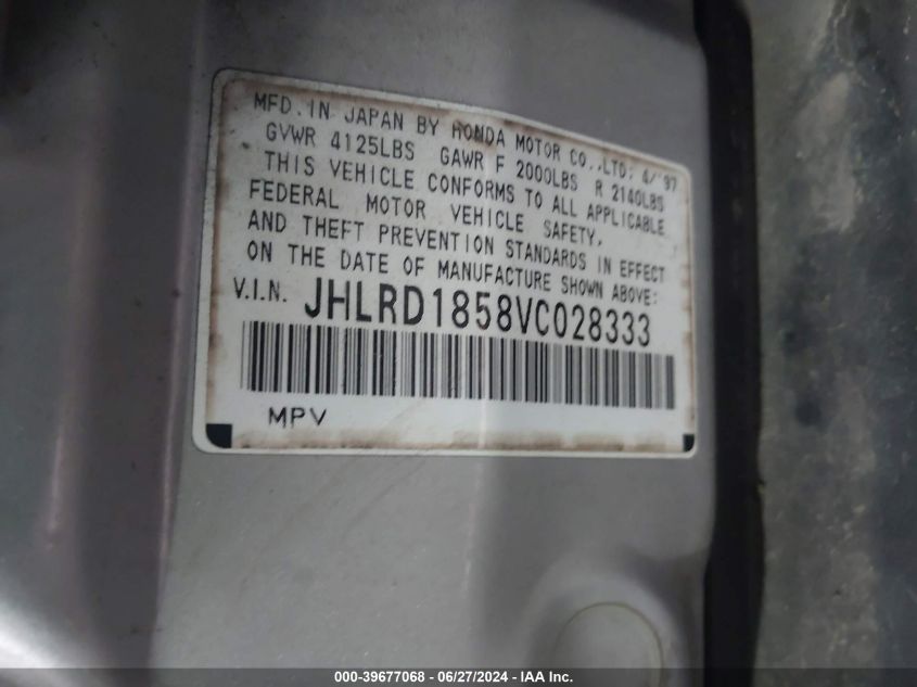 1997 Honda Cr-V VIN: JHLRD1858VC028333 Lot: 39677068
