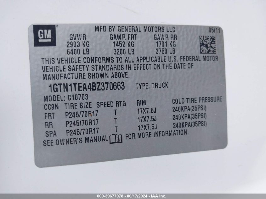 2011 GMC Sierra 1500 Work Truck VIN: 1GTN1TEA4BZ370663 Lot: 39677078