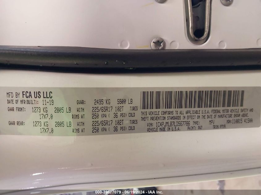 2020 Jeep Cherokee Latitude Plus 4X4 VIN: 1C4PJMLB7LD567786 Lot: 39677079