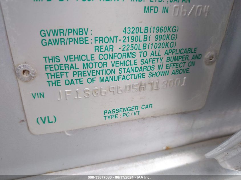 2005 Subaru Forester 2.5Xt VIN: JF1SG69605H718001 Lot: 39677080