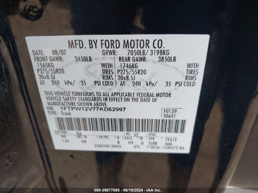 2007 Ford F-150 Supercrew VIN: 1FTPW12V77KD62997 Lot: 39677085