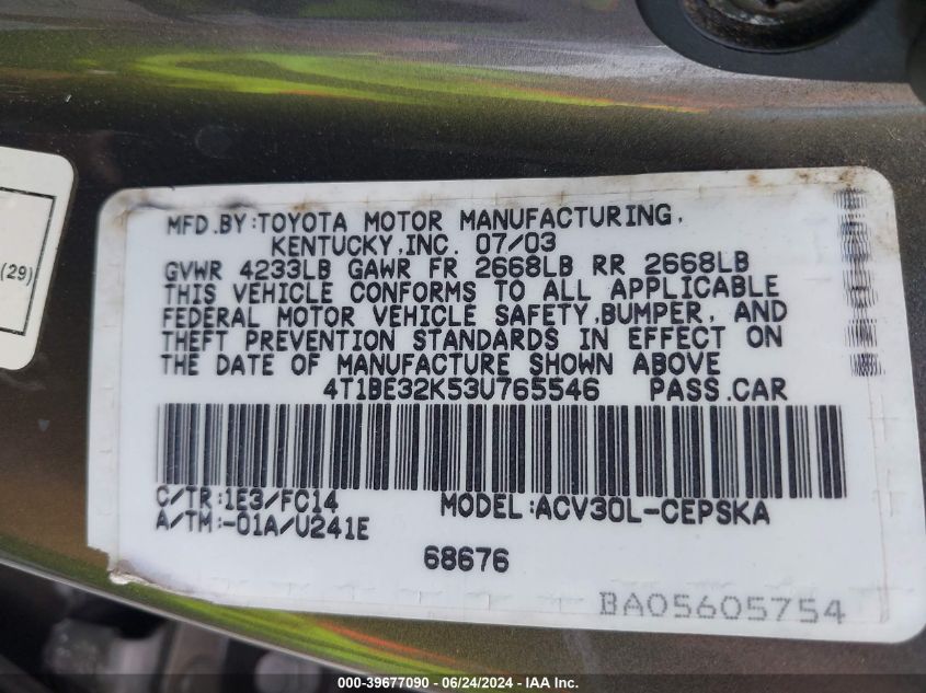 2003 Toyota Camry Se VIN: 4T1BE32K53U765546 Lot: 39677090