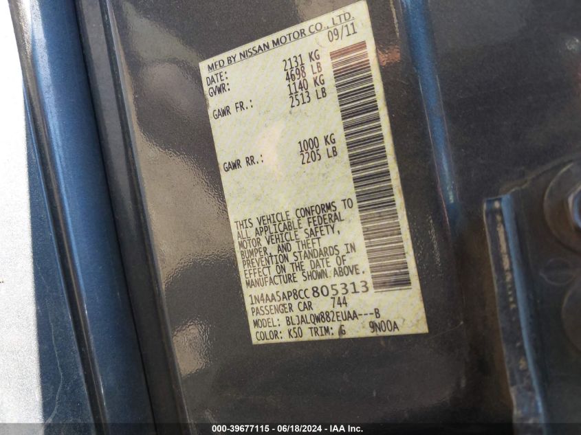 2012 Nissan Maxima 3.5 S VIN: 1N4AA5AP8CC805313 Lot: 39677115